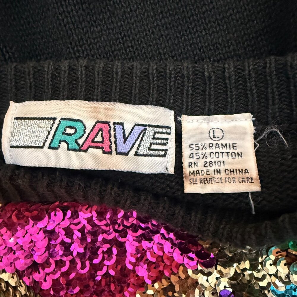 Vintage RAVE Black Harlequin Sequin Sweater | Size L - Picture 9 of 10